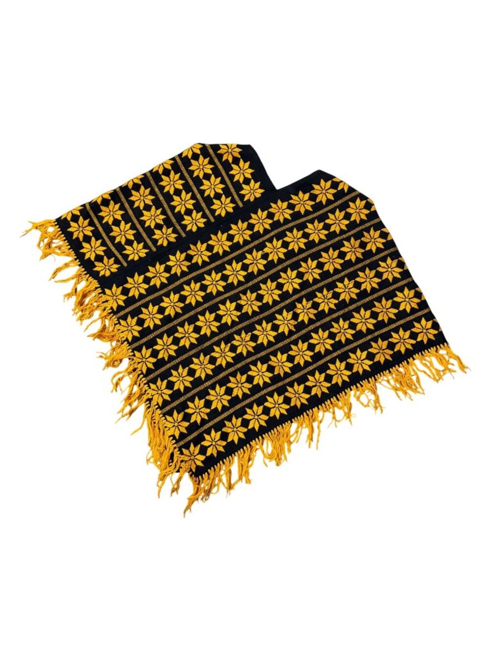 Knit Poncho Cape Fringe Folk Style Black Yellow One Size Floral Pinwheel Vintage